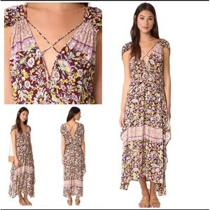 Free People Petra‎ Maxi Dress Purple Floral  Cap Sleeve Size Medium